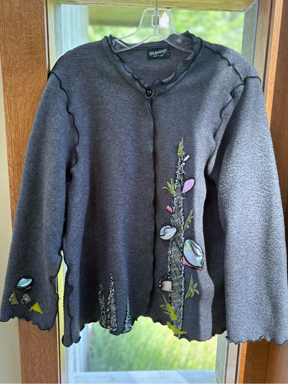 Lee Andersen One Button Fleece Cardigan w/ Flowering Plants Wearable Art Size L